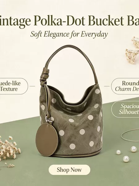 Cross-border high-end polka dot bucket bag for women, 2026 autumn new handbag, versatile for commuting, shoulder and underarm bag