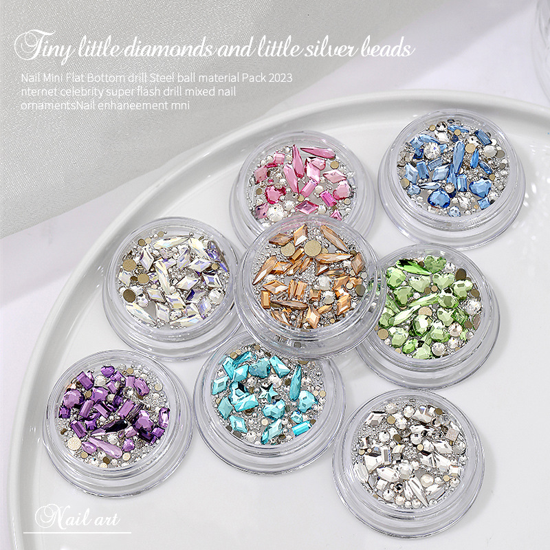 Manicura mini bola de acero plana diamante Internet celebridad Luz elegante azul paquete de material rhinestone mezclado pequeña joyería avanzada decoración al por mayor