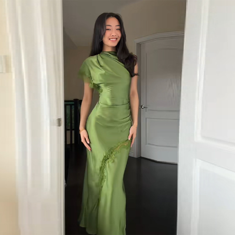 Real Shot of Cross-Border Foreign Trade Summer New Style Waist-Cinching Satin Short-Sleeve Lace Trim Asymmetrical Long Dress for Women