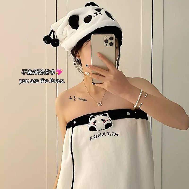 熊貓珊瑚絨毛巾浴巾套裝可愛卡通少女心干發帽浴裙吸水加厚套巾
