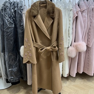 Double-sided cashmere coat women's high-grade mink fur collar heavy industry rhinestone woolen fur coat mid-length women's