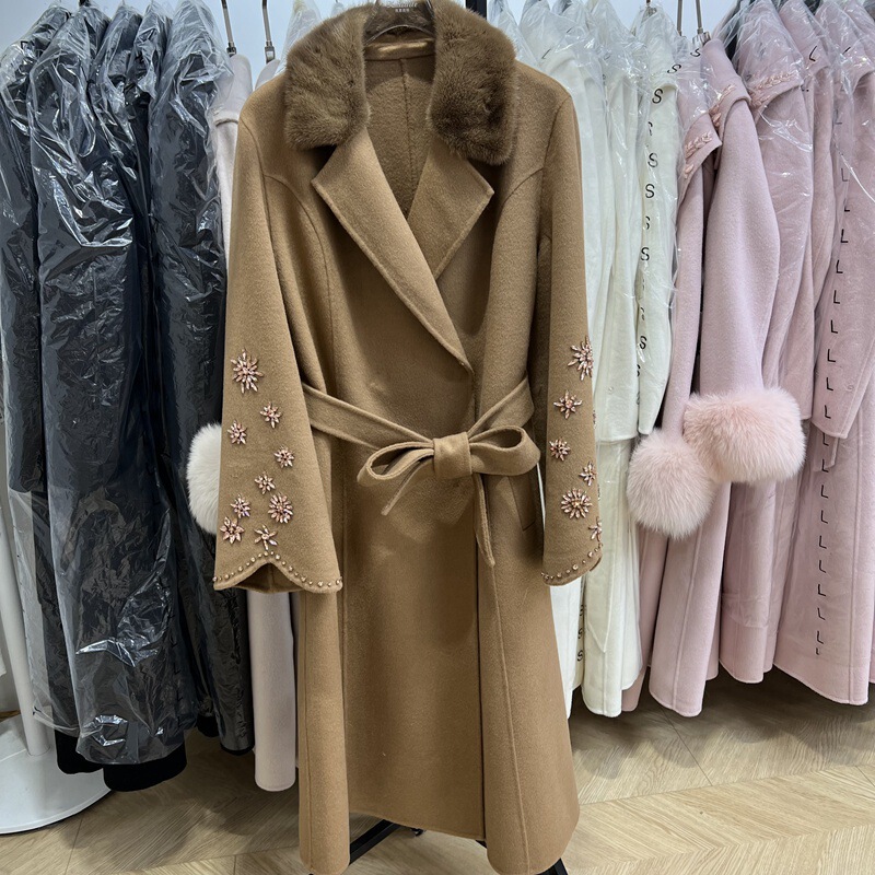 Double-sided cashmere coat women's high-grade mink fur collar heavy industry rhinestone woolen fur coat mid-length women's