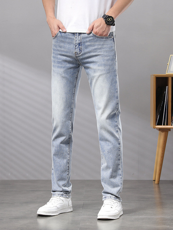 Cupido de alta gama europeas jeans de hombre simple color claro lavado elástico delgado pequeño rectas pantalones casuales de hombre