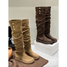 2025秋冬季新款加绒磨砂皮长靴女圆头金属扣厚底中跟粗跟高筒靴女