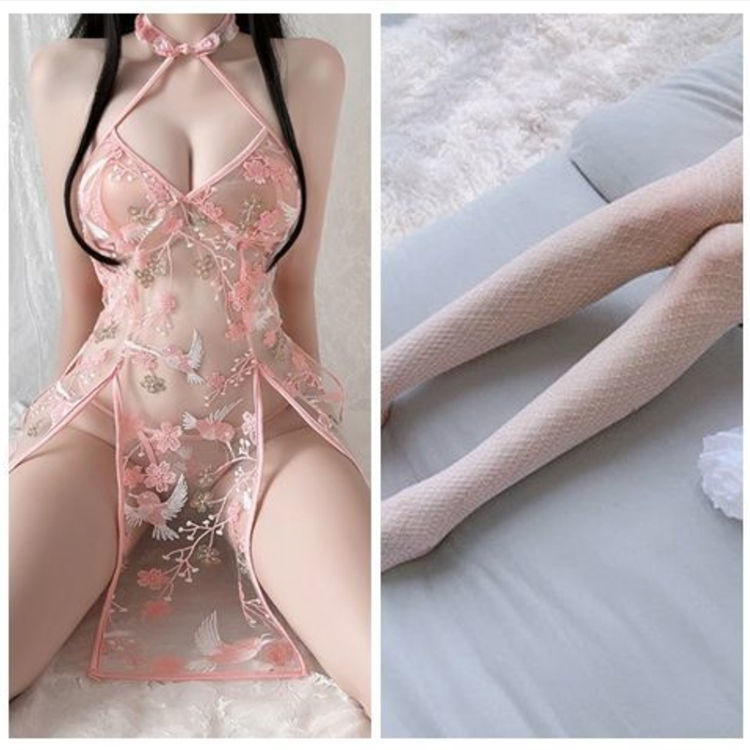 핑크 (치파오 스커트 + 팬티) + 흰색 그물 양말