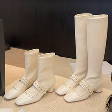 法式真皮方头白色长靴女冬铆钉高跟短靴瘦瘦靴高筒骑士靴