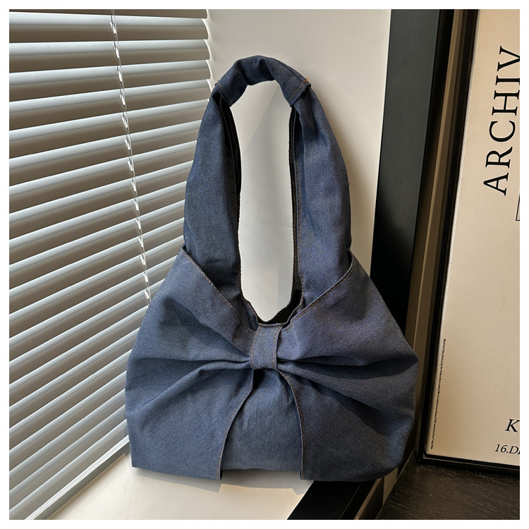 Women's Gender Women's Large Denim Bow Knot Streetwear Sewing Thread Square Open Tote Bag