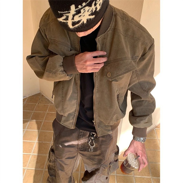 Maillard Brown Short Workwear Jacket Men's Spring and Autumn Washed Trendy Baseball Uniform American Retro Harrington Jacket Maillard Brown Short Workwear Jacket Men's Spring and Autumn Washed Trendy Baseball Uniform American Retro Harrington Jacket