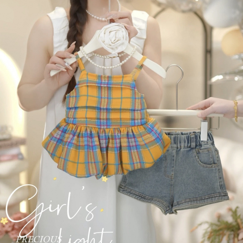 옐로우 체크 서스펜더 + 지퍼 데님 반바지