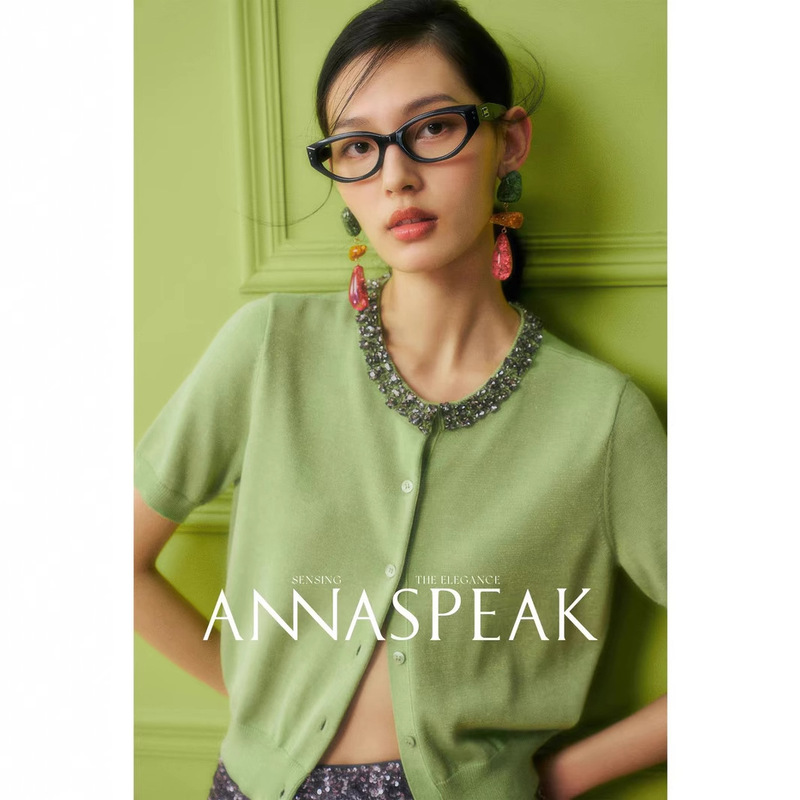 Heavy Industry Hand-stitched Diamond Round Neck Knitted Short-sleeved Tencel Lyocell Women's Spring/Summer Short Knitted Cardigan