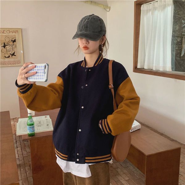 美式棒球服女加厚加绒2025春秋新款宽松显瘦休闲运动百搭撞色卫衣