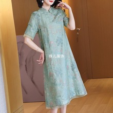 款国风主推新中式刺绣中长裙女欧根纱连衣裙亭台楼阁真丝花萝