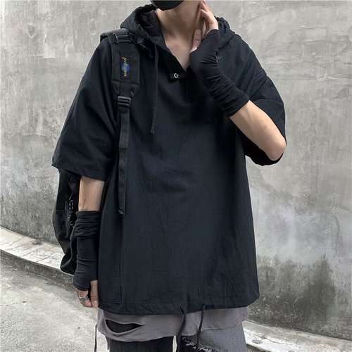Japanese-style sun-protective clothing with multiple pockets, workwear-inspired short-sleeve T-shirt, Harajuku fashion, hooded pullover, half-sleeve overshirt, men's hoodie