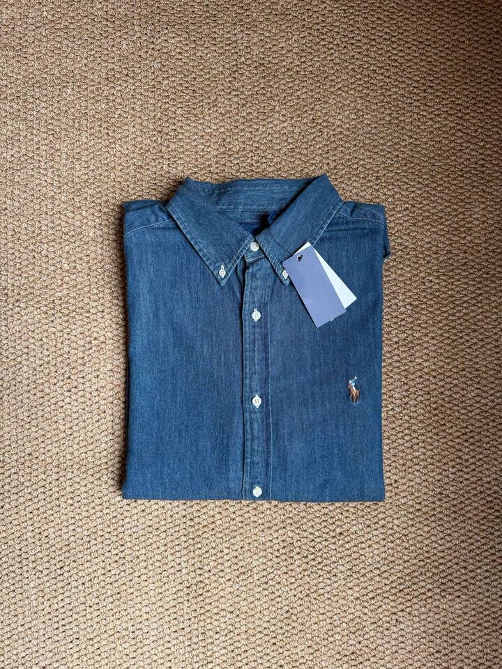 Áo sơ mi denim nam cổ điển thêu logo ngựa, áo sơ mi cotton dáng suông mặc ngoài — Áo sơ mi denim (nam)
