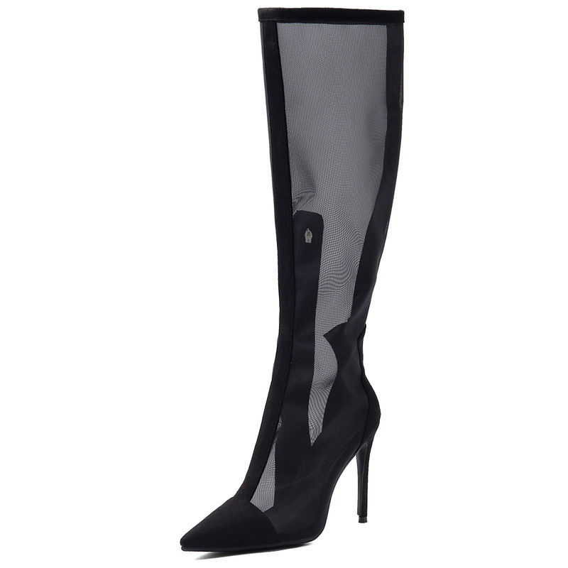 European and American Sexy Foreign Trade Cross-Border Nightclub Hollow Mesh Long Tube Stiletto High Heel Large Size 46 Knee-High Women's Boots