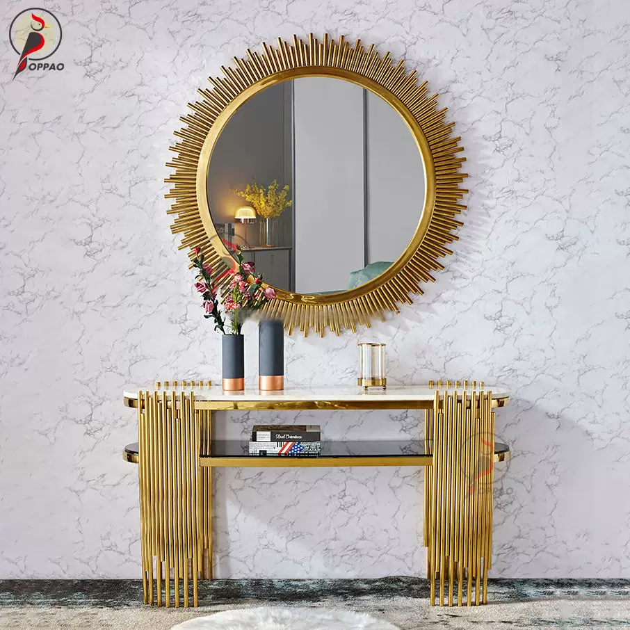 现代简约玄关桌意式轻奢不锈钢入户玄关台酒店大理石岩板玄关镜子