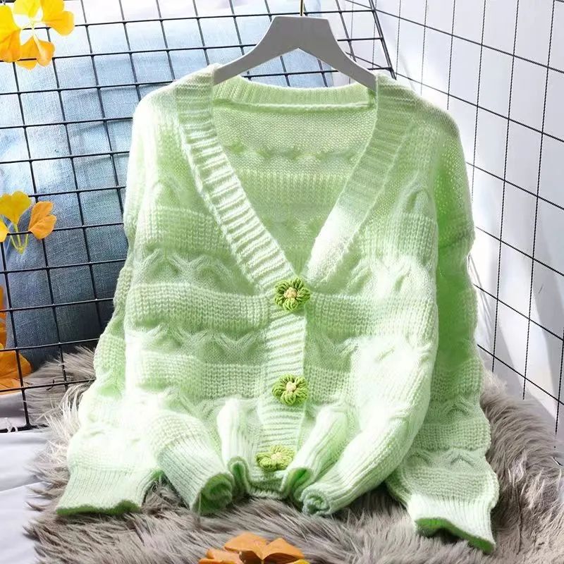 Fresh sweet sweater 2024 spring new Mori style V-neck short loose comfortable knitted cardigan top