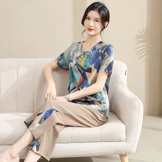 妈妈夏装雪纺套装清凉两件套中老年洋气时尚中年夏季短袖套装批发