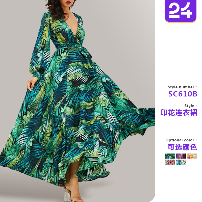 2025 Cross-Border Summer New Amazon European and American Lantern Sleeve Sexy Deep V Print Dress Green Leaf Long Skirt