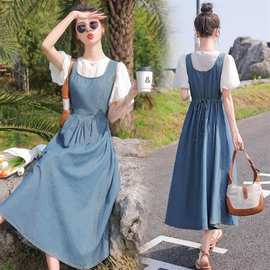 女童裙子套装夏季2024新款儿童牛仔连衣裙泡泡袖短袖T恤两件套潮