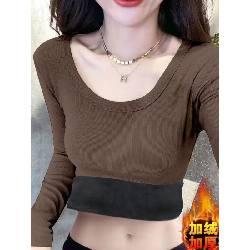 여성용 겨울 따뜻한 기본 레이어 속옷 플러스 벨벳과 두꺼운 대형 지방 MM 슬림 피트 내부 라운드 넥 긴팔 티셔츠 탑