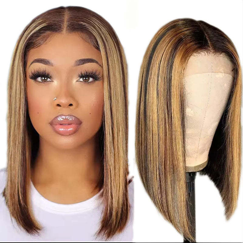 Hot-Selling Popular European and American Real Hair Lace Front Wig Bob with Highlights Bob