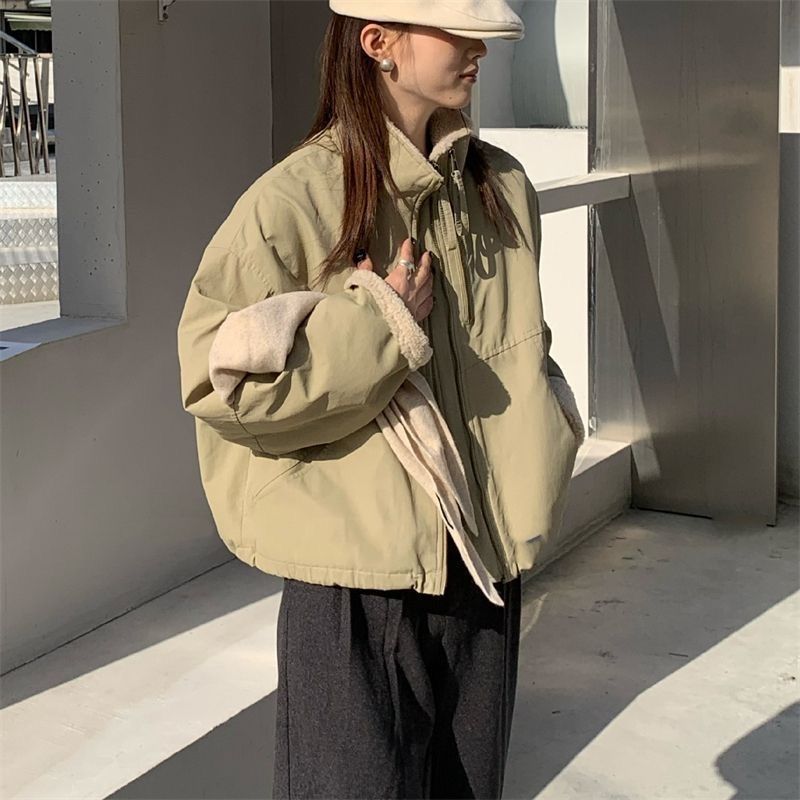 韓版立領短款派克服女雙拉鏈設計仿羊羔毛夾克休閒外套2024冬新款