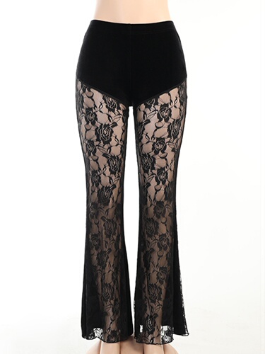 Solid color lace patchwork mesh pants women's solid color lace stitching mesh pants