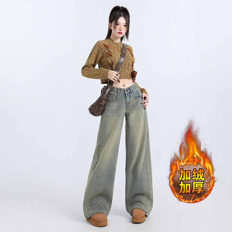 fleece-lined American Style Retro Square Pocket Nostalgic Wide Leg Jeans Spice Girl Low Waist Straight Length & Trousers