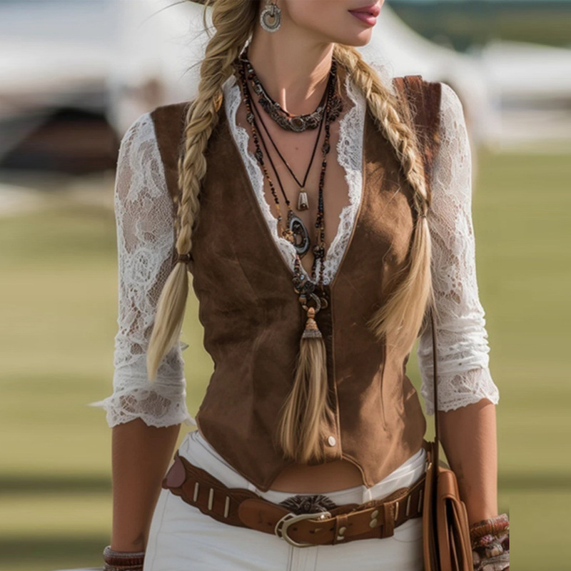 Cross-Border Amazon 2025 Western Retro Vest Women's Spring & Fall New Top Design Lace Splicing Fake Two Pieces