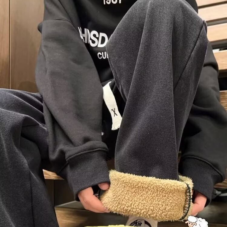 Autumn and Winter Lamb Fleece Jeans Men's Straight-leg Loose American Style Trendy Brand Men's Pants fleece-lined Thickened Pants Casual Trousers