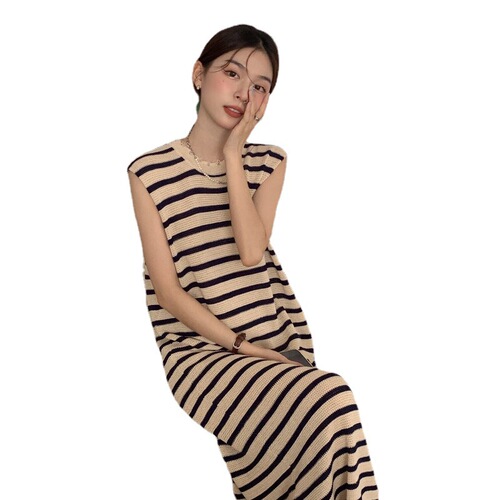 French Leisure Style Knitted V-neck Dress for Women, Summer Loose and Slimming Elegant Long Striped Skirt