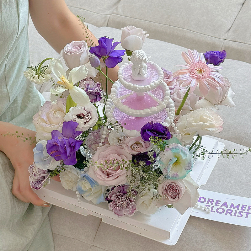 网红天使梦幻喷泉网红许愿池3.8女神节花束装饰池透明插花蛋糕盒