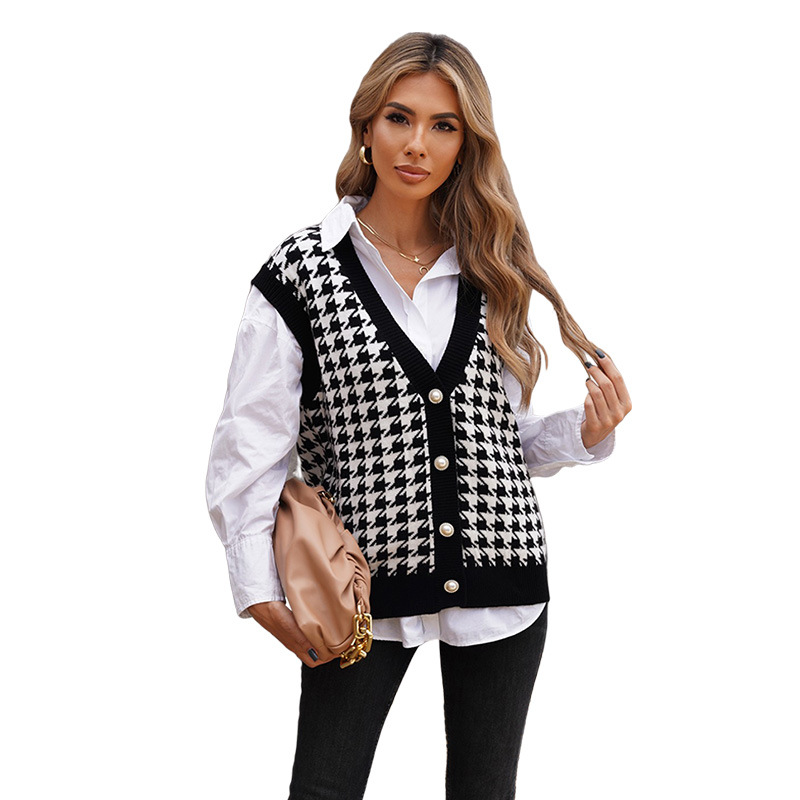 时颖欧美针织马甲背心女亚马逊秋冬新款针织毛线花纹背心套头毛衣