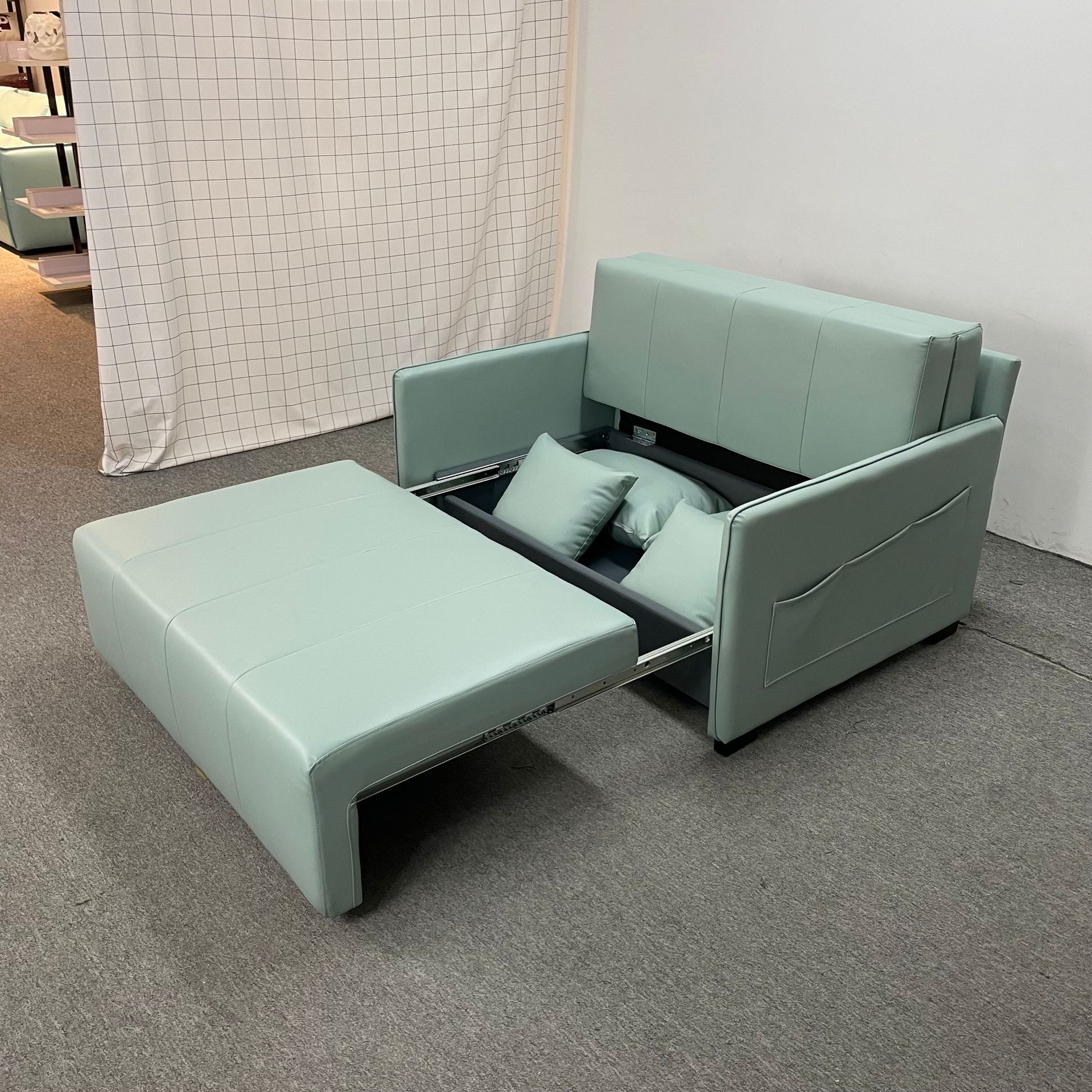 Sofá cama multifuncional doble uso plegable pequeño tipo sala de estar almacenamiento látex doble sofá cama de cuero de tres personas