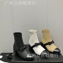 高版本cc家小香风蝴蝶结短筒靴女法式短靴女百搭粗跟公主风单靴女