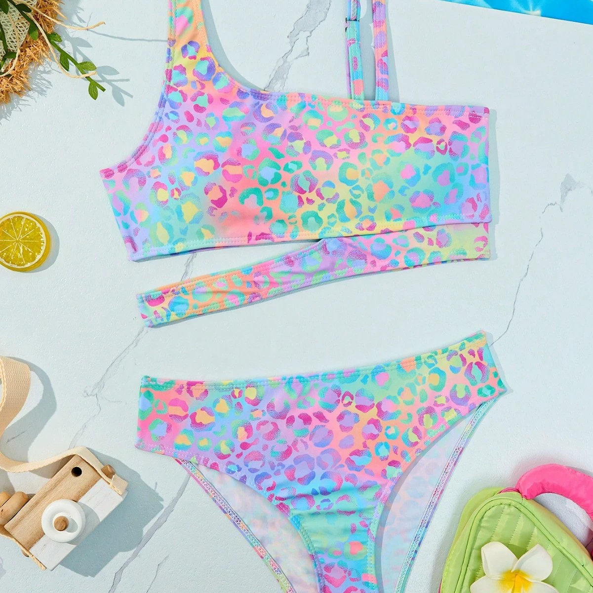 Новый стиль: комплект из двух предметов для девочек с градиентным леопардовым принтом на одно плечо, новый стиль: детский купальник-двойка для девочек, летний купальный костюм