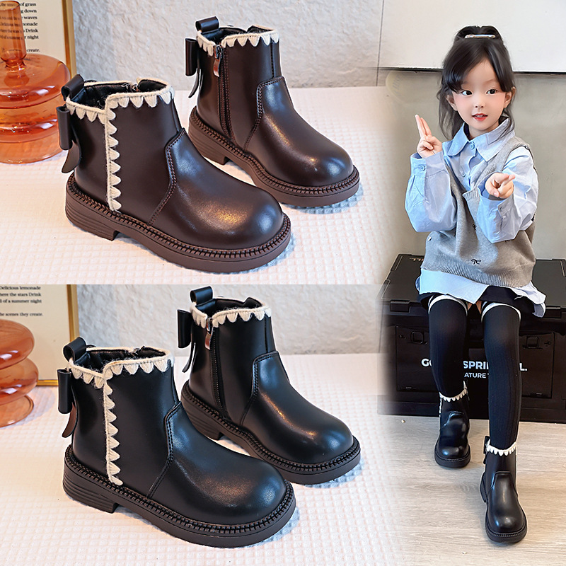 Girls' Princess Leather Boots 2026 Autumn and Winter New Children's British Style Martin Boots Soft Sole Short Boots Plus Velvet Cotton Boots