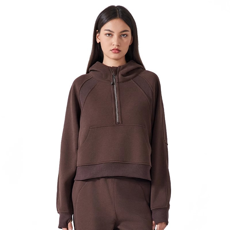 2025 otoño y invierno de vello a prueba de viento con capuchón suéter deportivo casual de mujer chaqueta corta con media cremallera chaqueta de yoga