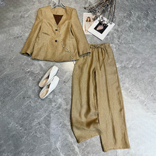 高品质老钱风亚麻套装西装女休闲无领西服上衣+长款系带阔腿裤