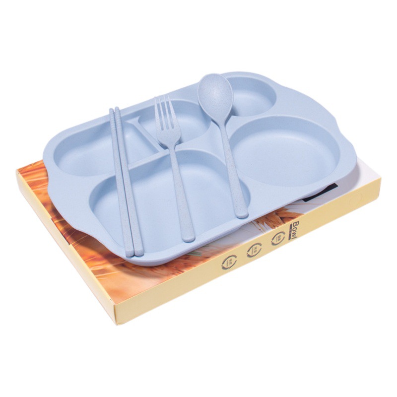 Paja DE TRIGO vajilla infantil conjunto de cuatro piezas engrosada estudiante compartimiento plato palillos tenedor cuchara 4 piezas cantina plato de arroz image 1