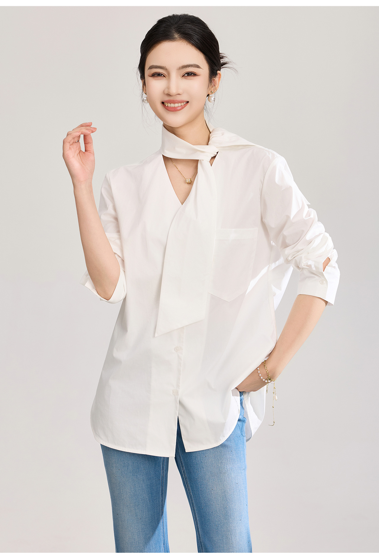 Áo sơ mi nữ dài tay cổ V phối dây rua, chất cotton mềm mại không nhăn — Vàng sữa chi tiết 23