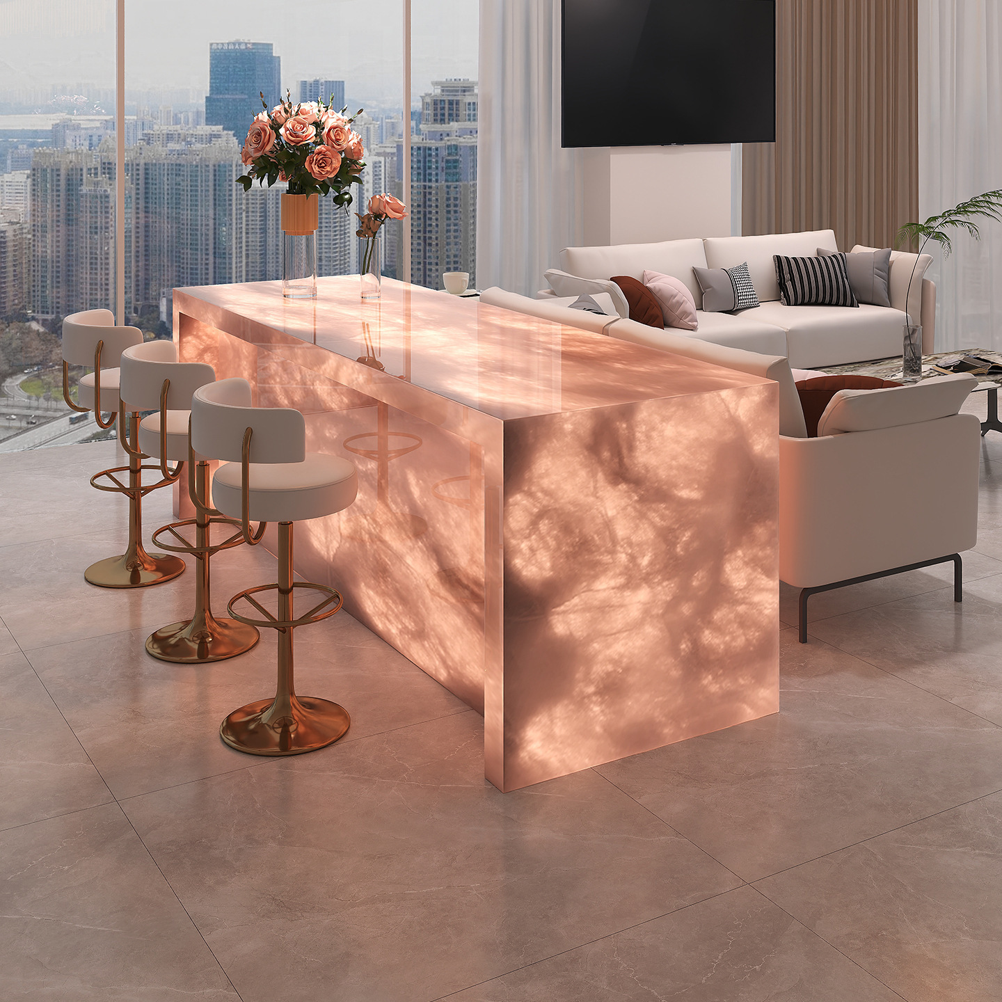 Luxurious Stone Island Table with Integrated Dining Table, 2025 New Model, Illuminated Dining Table, Open Kitchen Bar Counter, High-End Feel, Home Use