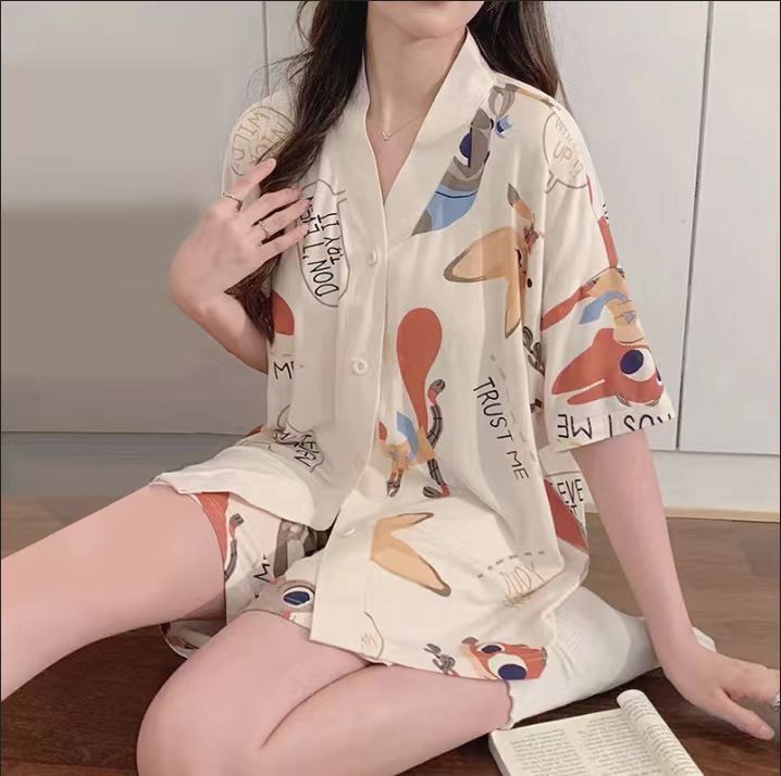 Pijamas para mujer verano lindo dibujos animados dulce traje de manga corta para mujer cárdigan suelto verano servicio a domicilio primavera y otoño