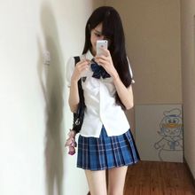 学院风套装JK制服泡泡袖收腰短袖衬衫女白色衬衣狗短格裙夏季新款