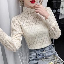 新款秋冬大码半高领内搭磨毛蕾丝打底衫女保暖加绒泡泡袖洋气上衣