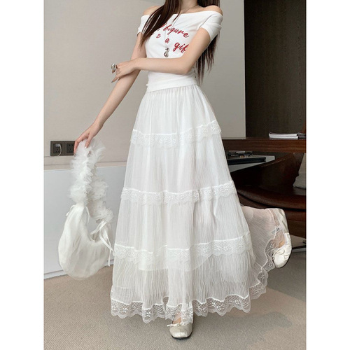 Spring 2025 High-Waist Slimming Lace Tiered A-Line Dress Sweet Matchable Medium-Length Dress High-Waist Umbrella Skirt Trendy Dress