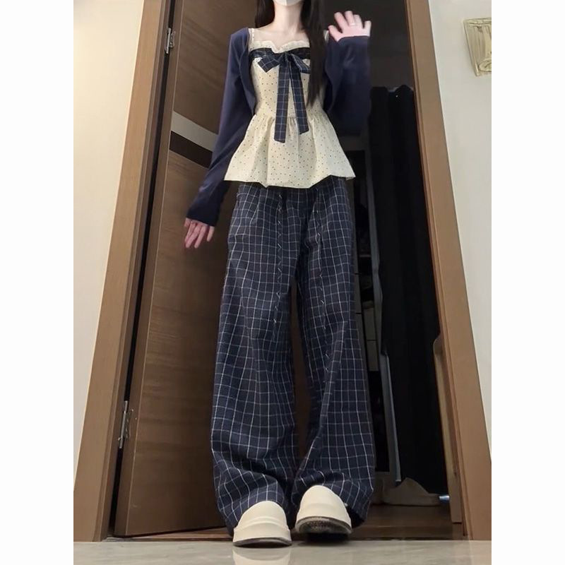 温柔少女风穿搭秋新款针织开衫蝴蝶结吊带上衣格纹阔腿长裤三件套|undefined