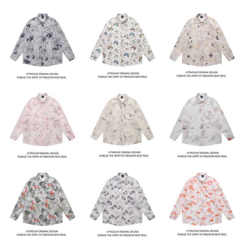 A generation of American butterfly jacquard printed loose long sleeve shirt for men and women original design three-dimensional tassel shirt