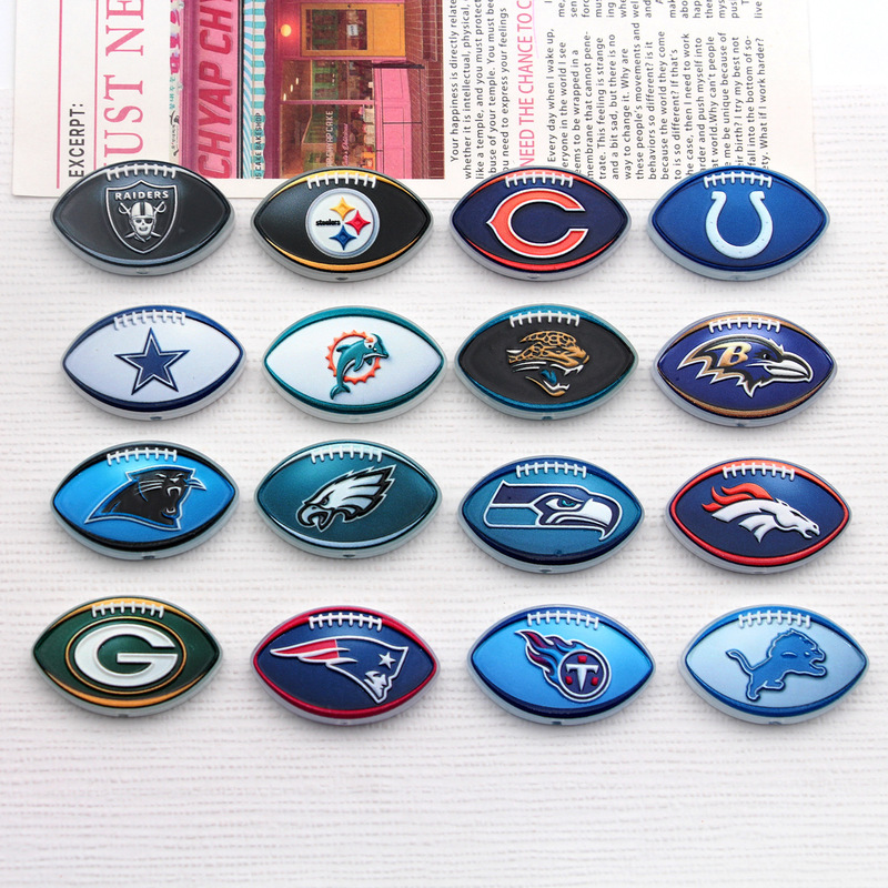Highly transparent, double-sided, through-hole acrylic sheets featuring NFL team logos, perfect for DIY bead stringing, phone charms, and keychains Highly transparent, double-sided, through-hole acrylic sheets featuring NFL team logos, perfect for DIY bead stringing, phone charms, and keychains